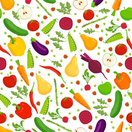 Organic food seamless pattern. Vector fruit and vegetables on a white background.のイラスト素材