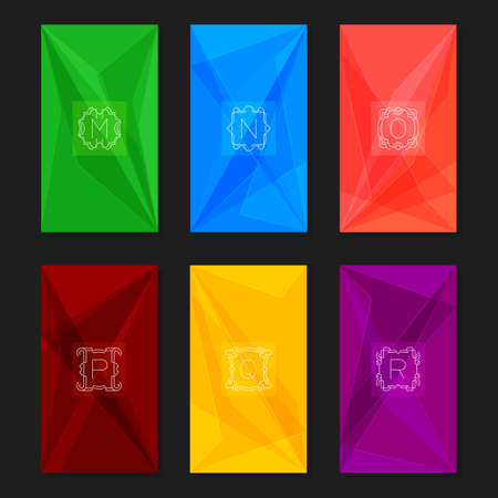 Collection of trendy geometric triangular backgrounds with letter monograms M, N, O, P, Q, R. Abstract geometric vector backgrounds.のイラスト素材