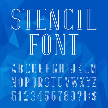 Stencil alphabet vector font. Serif type letters, numbers and symbols on the abstract polygonal background. Vector typography for labels, headlines, posters etc.のイラスト素材