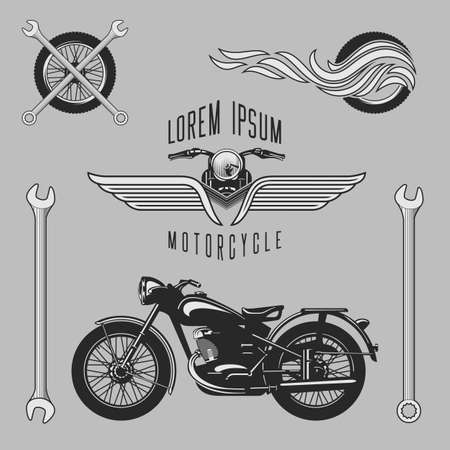 Vintage motorcycle logos, emblems, templates, labels, symbols and motorbike design elements. Stock vector.のイラスト素材