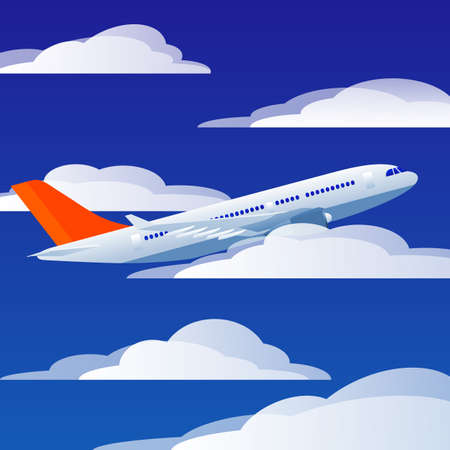 Flying plane in the sky with clouds. Vector illustration.のイラスト素材