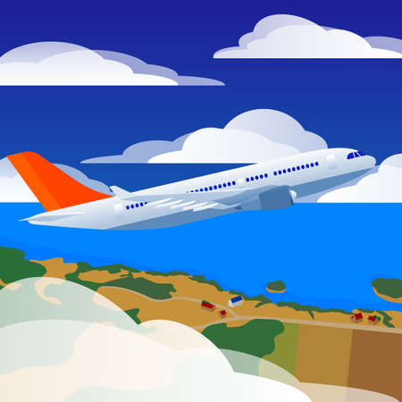 Takeoff of the airplane. Sky with clouds and the landscape below the plane.のイラスト素材