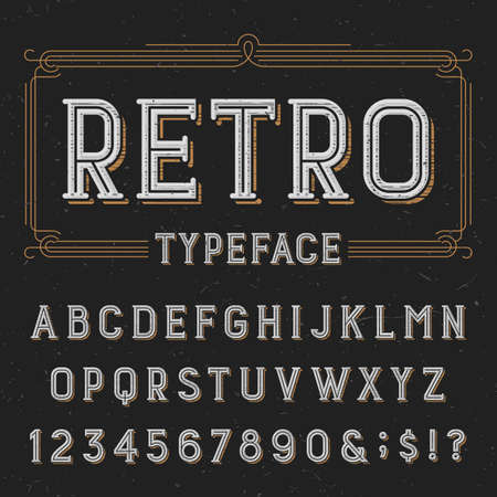 Retro typeface with distressed overlay texture. Retro vector typeface. Letters, numbers and symbols. Alphabet font for labels, headlines, posters etc.のイラスト素材