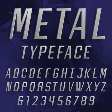 Chrome Alphabet Vector Font. Type letters and numbers. Beveled metal effect letters on the polygonal background. Vector typeface for headlines, posters etc.のイラスト素材
