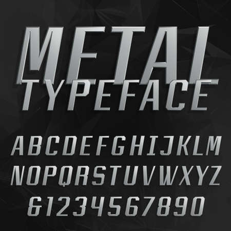 Chrome alphabet vector bold font. Type letters and numbers. Beveled metal effect letters on the black polygonal background. Vector typeface for headlines, posters etc.のイラスト素材
