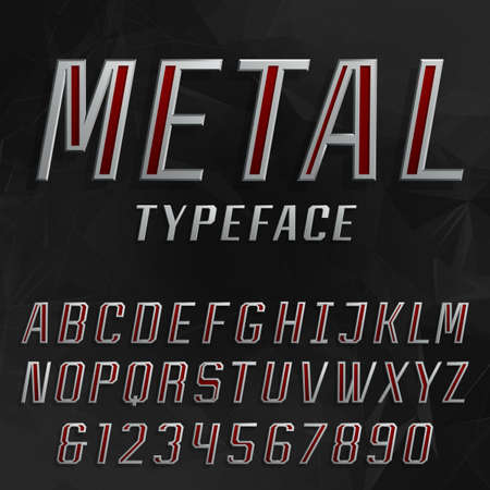 Metal alphabet vector bold font. Type letters and numbers. Beveled metal effect letters on the abstract black background. Vector typeface for headlines, posters etc.のイラスト素材