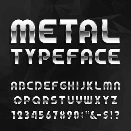 Metal Alphabet Vector Font. Type letters, numbers and symbols. Chrome effect letters on the abstract background. Vector typeface for headlines, posters etc.のイラスト素材