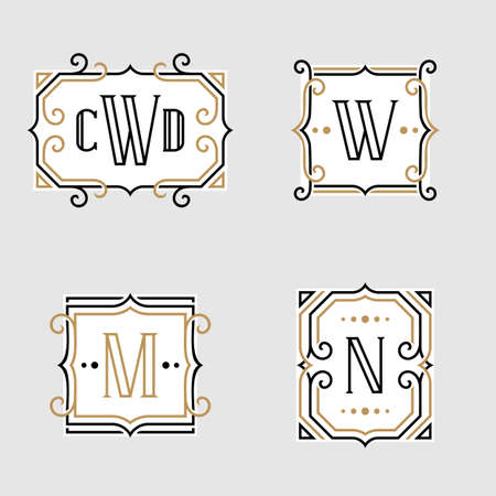 The set of stylish retro monogram emblem templates in trendy outline style on the light background. Vintage business sign, identity, label for hotel, cafe, boutique, jewelry. Stock vector.のイラスト素材