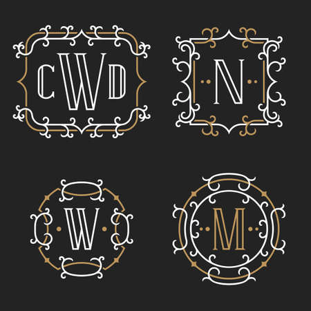 The set of stylish retro monogram emblem templates in trendy outline style on the dark background. Vintage business sign, identity, label for hotel, cafe, boutique, jewelry. Stock vector.のイラスト素材