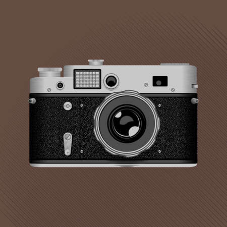 Vintage film camera. Retro photo camera on the brown background. Stock vector.のイラスト素材
