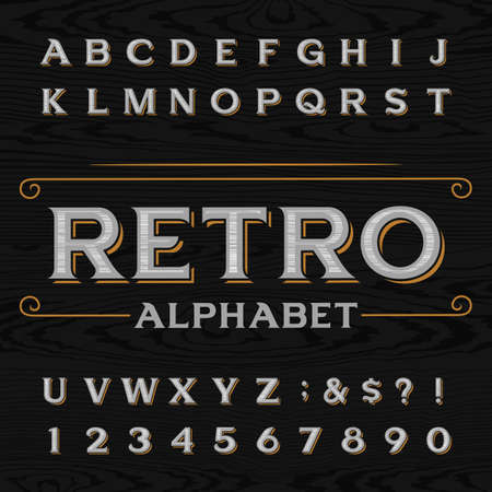 Distressed retro vector typeface. Letters, numbers and symbols on the dark wood textured background. Alphabet font for labels, headlines, posters etc.のイラスト素材