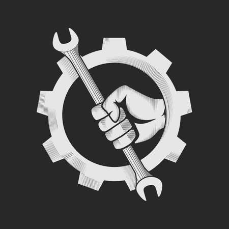 Car or bike workshop logo template concept. The spanner in the hand and gear combined in vector sign. Vector illustration.のイラスト素材