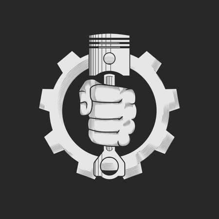 Car or bike repair shop logo template concept. Car engine pistons in the hand and gear combined in vector sign. Vector illustration.のイラスト素材
