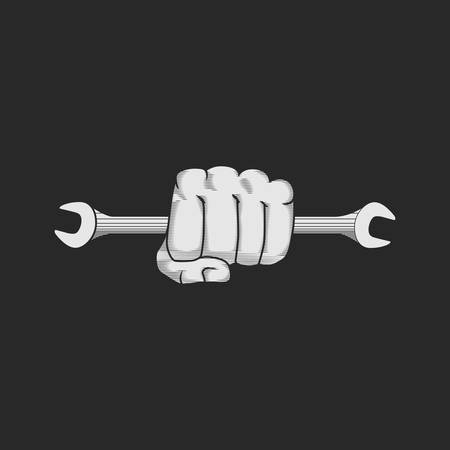 Car or bike repair shop logo template concept. The wrench in the hand. Vector illustration.のイラスト素材