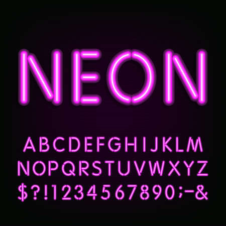 Neon Light Alphabet Font. Type letters, numbers and symbols. Purple neon tube letters on the dark background. Vector typeface for labels, titles, posters etc.のイラスト素材