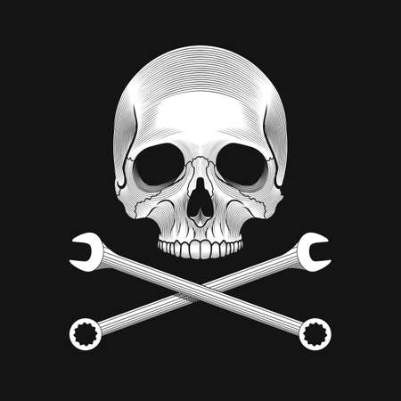 The skull and crossed wrenches on the black background. Car or bike repair shop logo template concept. Vector illustration.のイラスト素材