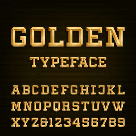 Golden Alphabet Vector Font. Type letters, numbers and symbols. Gold effect letters on the dark background. Vector typeset for headlines, posters etc.のイラスト素材