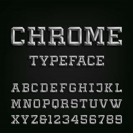 Beveled Chrome Alphabet Vector Font. Type letters, numbers and symbols. Chrome effect letters on the dark background. Vector typeset for headlines, posters etc.のイラスト素材