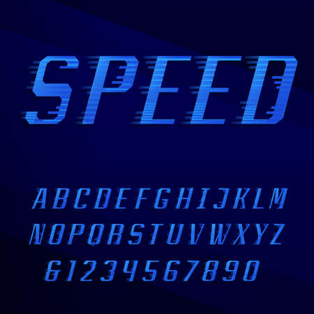 Speed alphabet vector font. Motion effect letters, numbers and symbols in blue colors. Vector typography for headlines, posters etc.のイラスト素材