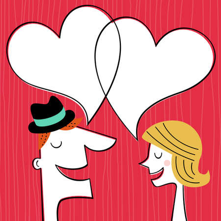 Valentines day card. Communication concept - man and woman profiles with heart shape speech bubbles on the red background.のイラスト素材