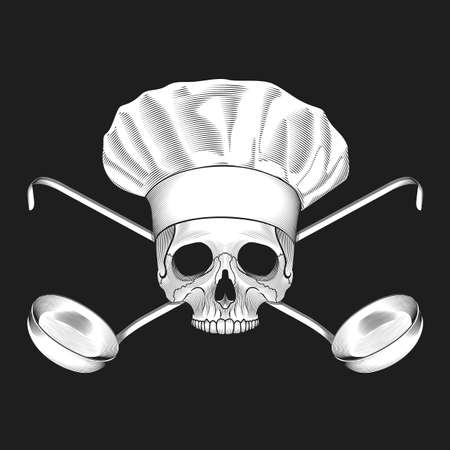The skull in toque and crossed ladles. illustration.のイラスト素材