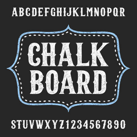 Chalkboard alphabet vector font. Hand drawn letters and numbers. Vector typeface for menu, labels, headlines, posters etc.のイラスト素材