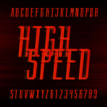 Speed alphabet vector font. Motion effect condensed letters and numbers on the abstract background. Vector typeface for headlines, posters etc.のイラスト素材