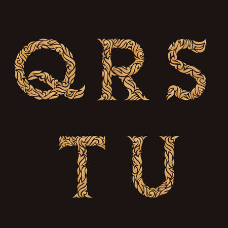 Decorative Initial Letters Q, R, S, T, U. Vector illustration of alphabet letters in caps. Ornate golden monograms.のイラスト素材