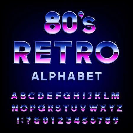 80's retro alphabet vector font. Metallic effect shiny letters and numbers. Vector typography for flyers, headlines, posters etc.のイラスト素材