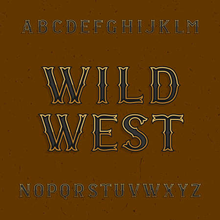 Wild West alphabet vector font. Vintage type letters on the distressed background. Vector typeface for labels, headlines, posters etc.のイラスト素材