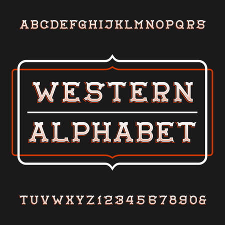 Western alphabet vector font. Vintage type letters and numbers. Vector typeset for labels, headlines, posters etc.のイラスト素材