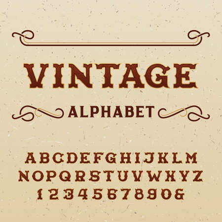 Vintage alphabet vector font. Type letters and numbers in western style  on the distressed background. Vector typeface for labels, headlines, posters etc.のイラスト素材