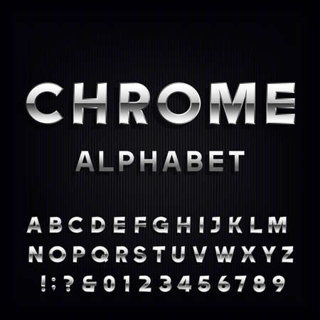 Chrome Alphabet Vector Font. Metallic type letters and numbers on the dark background. Vector typeface for headlines, posters etc.のイラスト素材