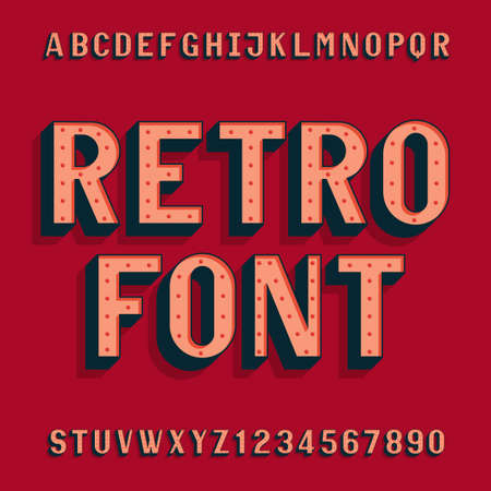 Retro bulb style alphabet font. Letters and numbers. Vintage typeface for labels,  headlines, posters etc.のイラスト素材