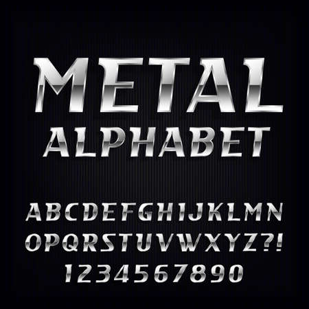 Metal Alphabet Vector Font. Oblique chrome letters and numbers on the dark background. Stock vector typeface for your design.のイラスト素材