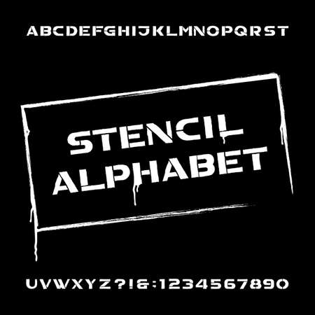 Stencil effect alphabet vector font. Distressed type letters and numbers on a dark background. Vector typeface for your design.のイラスト素材