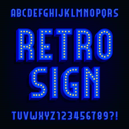Retro sign alphabet vector font. 3D type letters with light bulbs and shadows. Vector typeface for your design.のイラスト素材