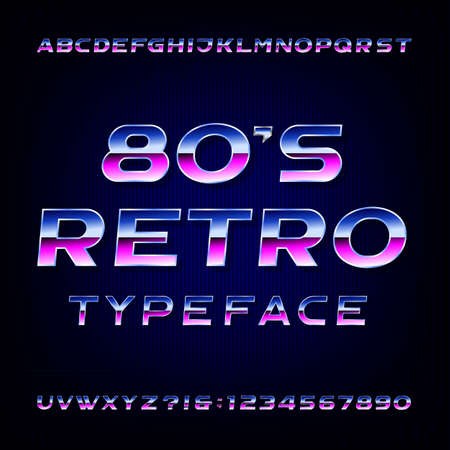 80's retro alphabet vector font. Metallic effect shiny letters and numbers. Vector typography for your design.のイラスト素材
