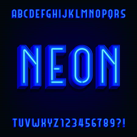 Neon alphabet vector font. 3D type letters with blue neon tubes and shadows. Vector typeface for your design.のイラスト素材