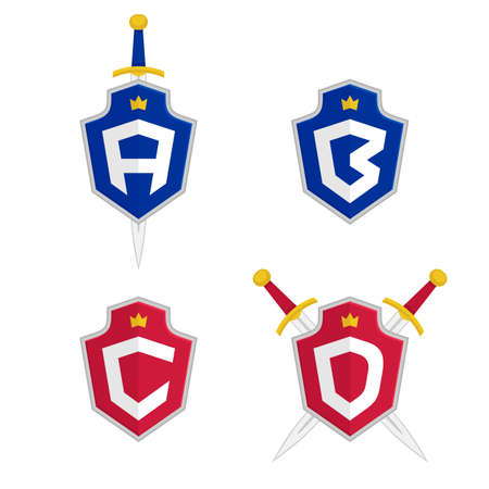Letter A, B, C, D vector logo templates. Letter logo with shield and sword. Luxury logo, safety logo.のイラスト素材