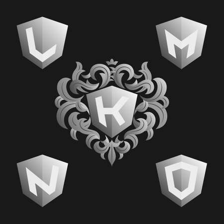 Decorative Ornate monogram emblem template. Stylish set of monograms. Silver shield with crown and letters from K to O.のイラスト素材