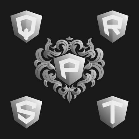Decorative Ornate monogram emblem template. Stylish set of monograms. Silver shield with crown and letters from P to T.のイラスト素材