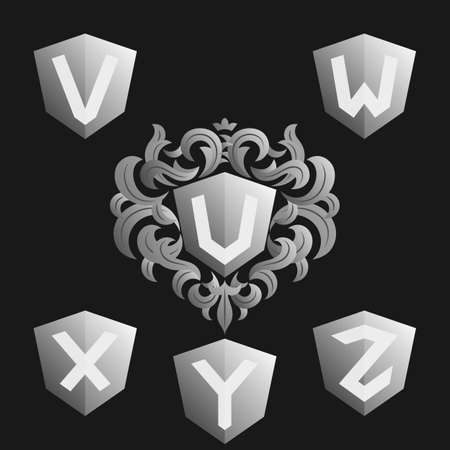 Decorative Ornate monogram emblem template. Stylish set of monograms. Silver shield with crown and letters from U to Z.のイラスト素材