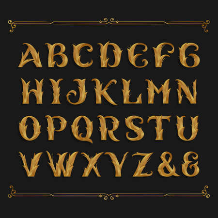 Decorative ornate alphabet font. Golden leaf letters.のイラスト素材