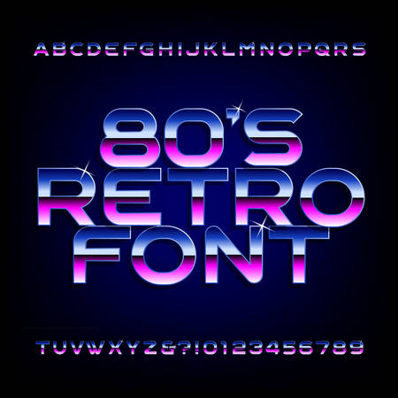 80's retro alphabet font. Metallic effect shiny letters and numbers.のイラスト素材