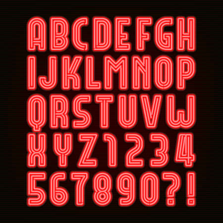 Retro red neon tube alphabet font. Retro type letters and numbers on a dark background. Vector font for labels, titles, posters etc.のイラスト素材