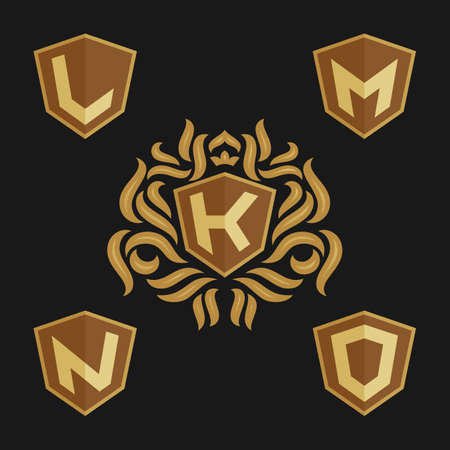 Decorative ornate monogram emblem template. Set of vector monogram. Vector sign. Shield with crown and letters from K to O.のイラスト素材