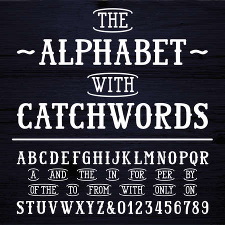Hand drawn font and catchwords. Vector alphabet - type letters and numbers. Wooden textured backgroundのイラスト素材