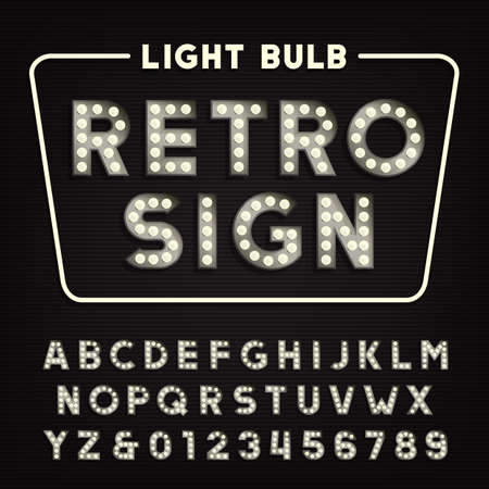 Retro sign alphabet. Vintage light bulb type letters and numbers.のイラスト素材