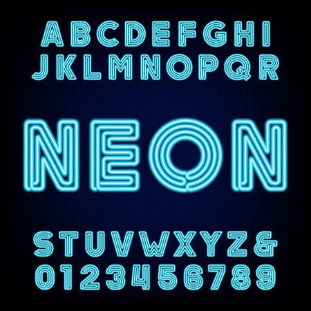 Retro blue neon tube alphabet. Type letters and numbers on a dark background.のイラスト素材